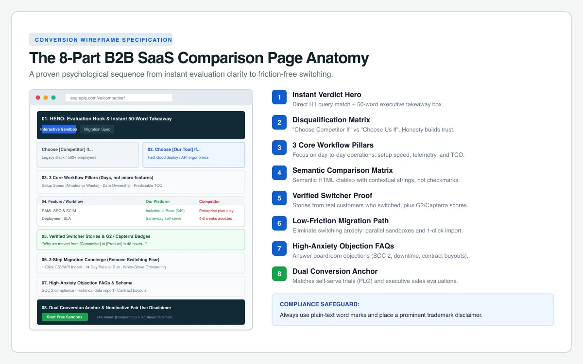The 8-part high-converting B2B SaaS comparison page wireframe architecture