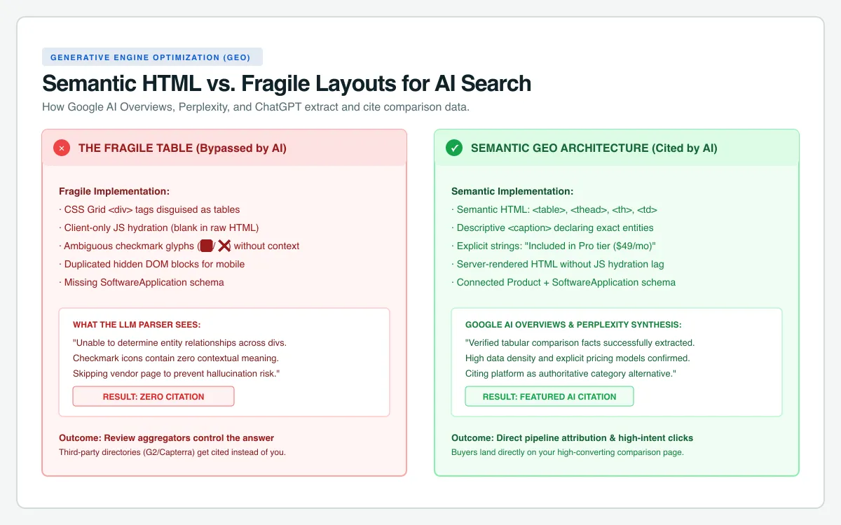 Semantic HTML table architecture versus fragile CSS layouts for Google AI Overviews and Perplexity