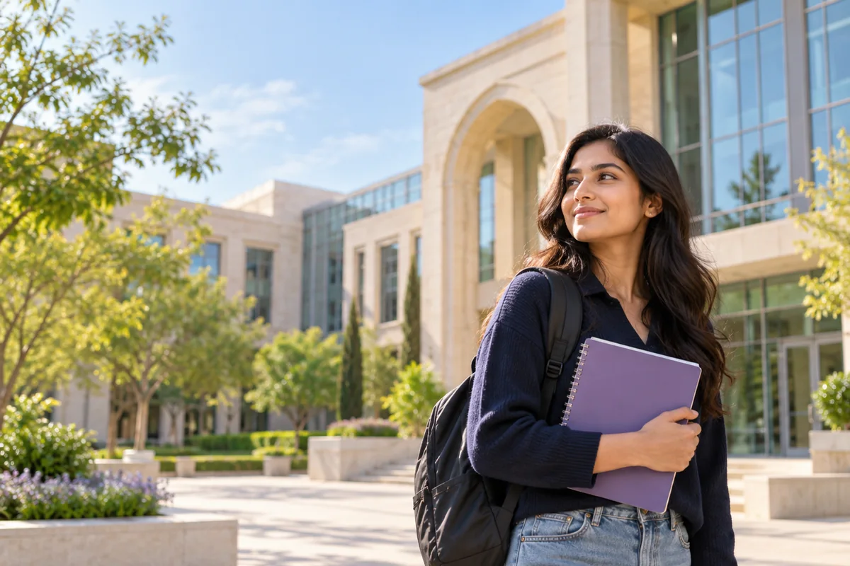 Illustrative study abroad campaign image of an adult student on a university campus