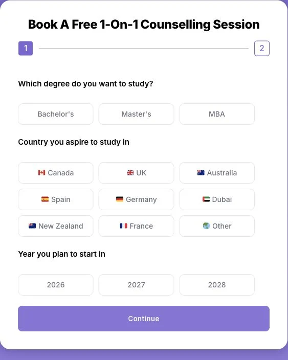First step of Admitus’s public consultation form showing degree, destination, and intended start year choices