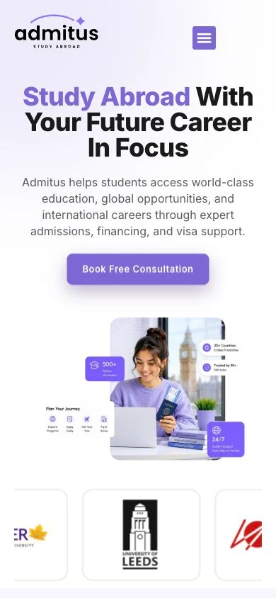 Admitus’s public mobile homepage, including its introduction and consultation call to action