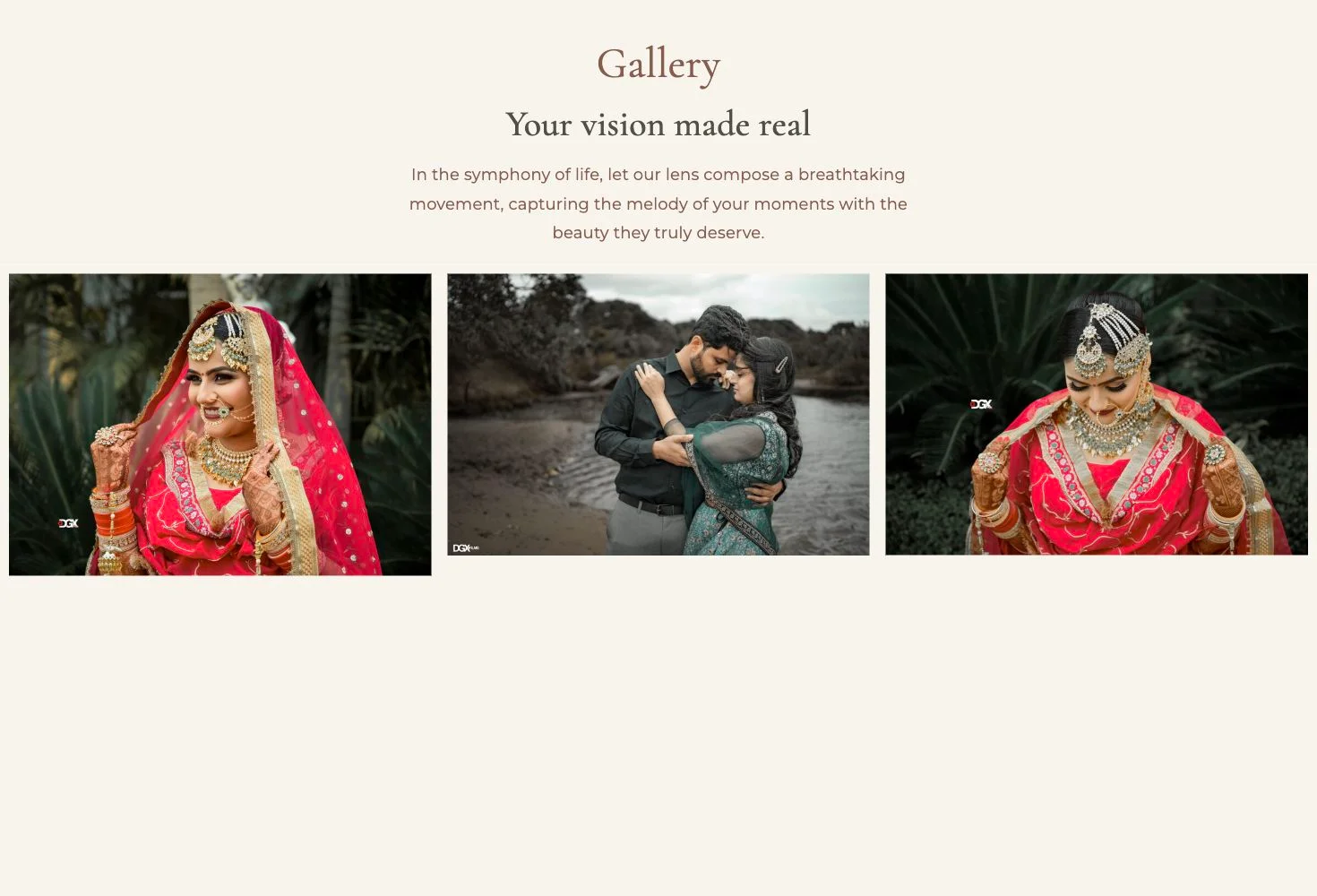 The preserved DGX Films gallery page, with warm backgrounds, serif headings, and a grid of wedding photographs