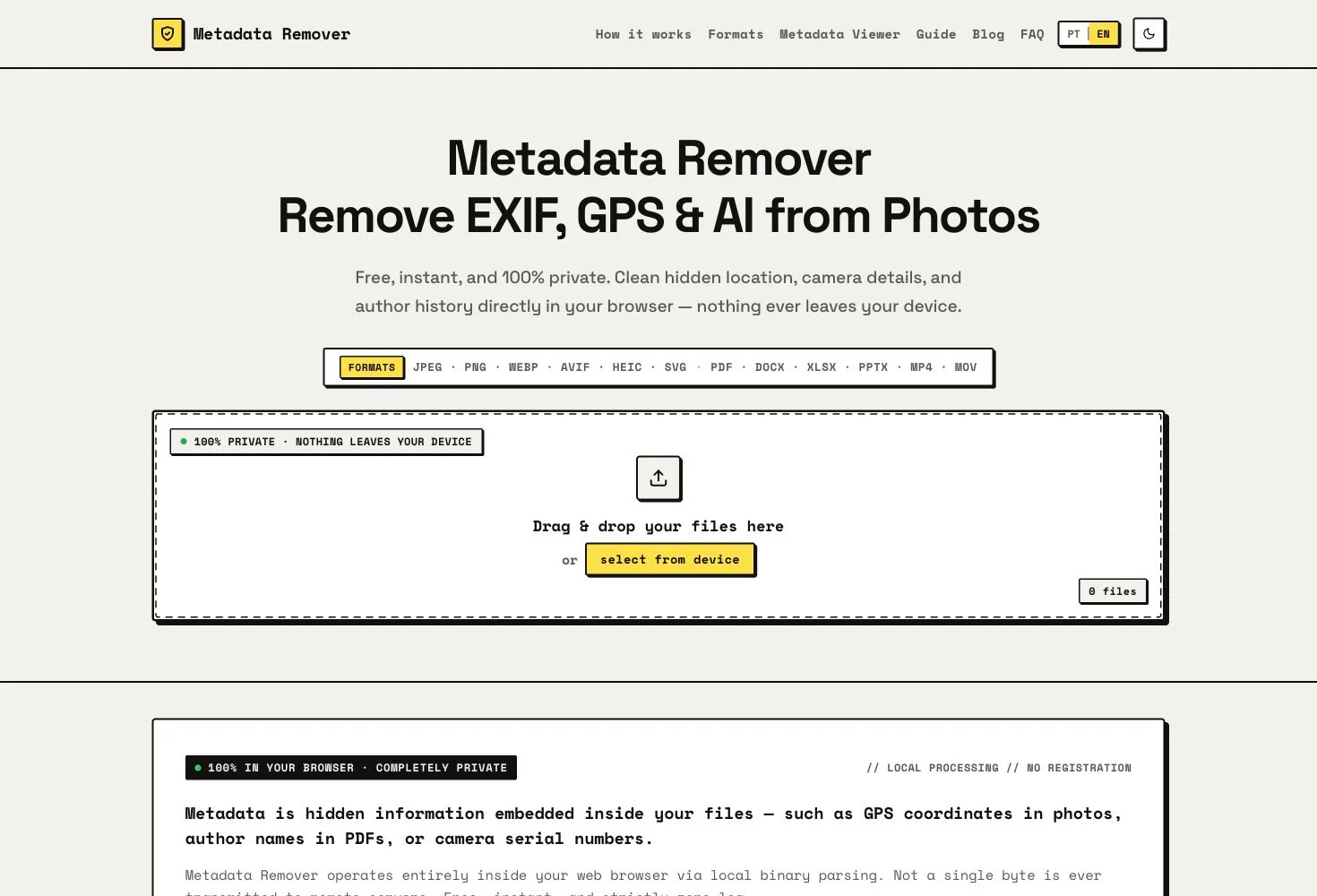 Metadata Remover’s real desktop homepage and tool interface