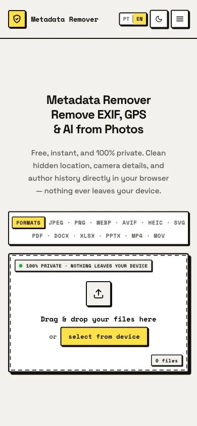 Metadata Remover’s real mobile homepage
