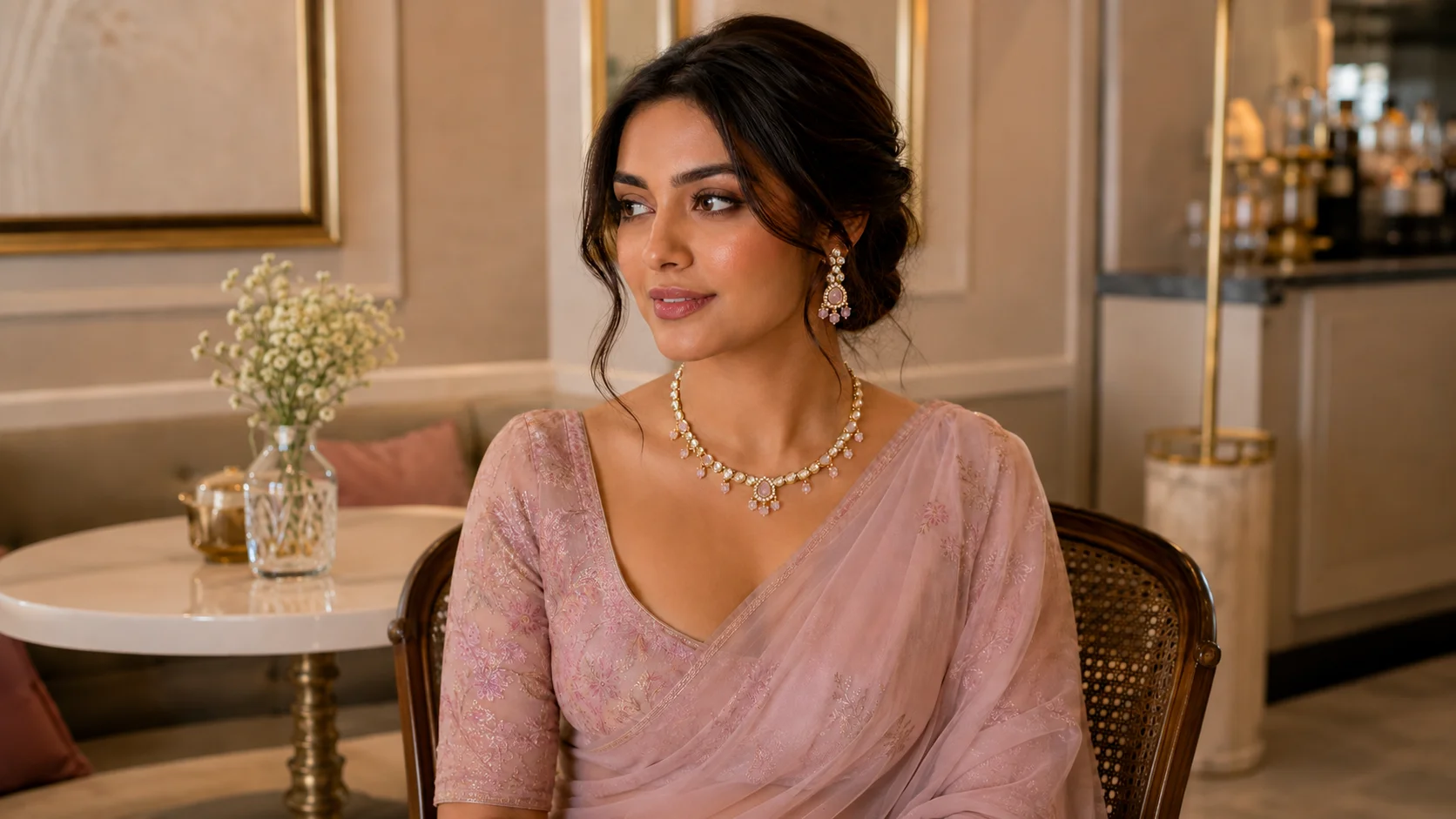 Monoshoot example showing the original necklace and earrings styled on a model