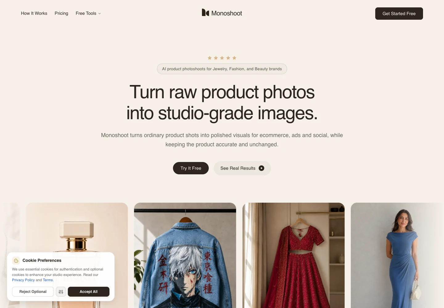 Monoshoot’s public website, showing its product photography examples and entry into the AI studio