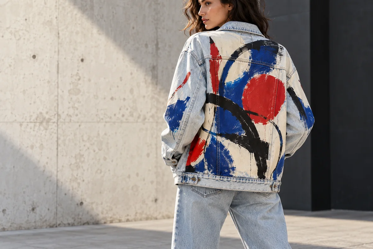 Illustrative customwear campaign photo featuring original hand-painted artwork on a denim jacket