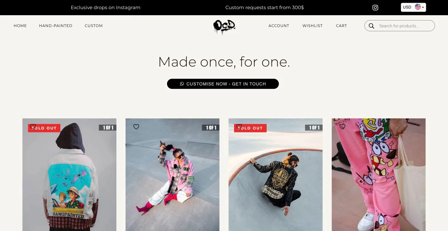 OCD’s public customwear collection page showing one-of-one jackets and jeans