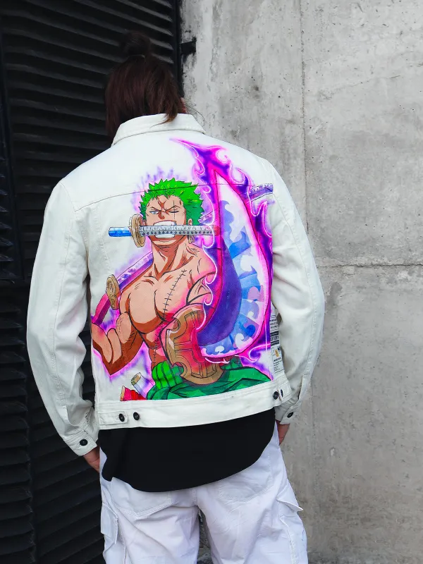A detail of OCD’s hand-painted custom jacket