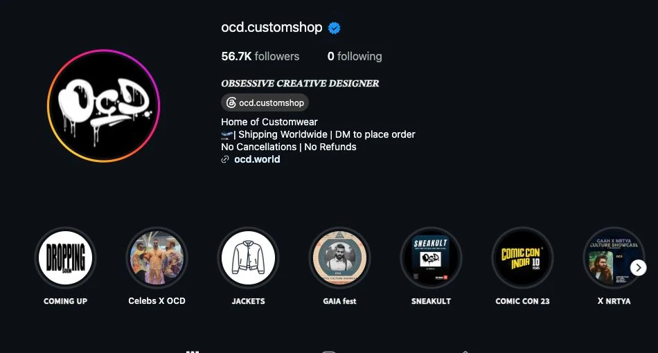 OCD’s public Instagram profile, @ocd.customshop, showing 56.7K followers and a link to ocd.world on October 22, 2026