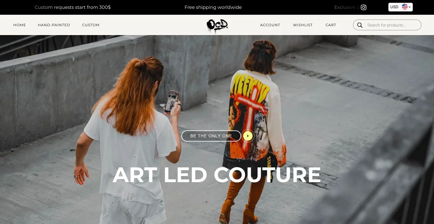 OCD’s live desktop homepage, with its customwear campaign, main navigation, product search, account, wishlist, and cart