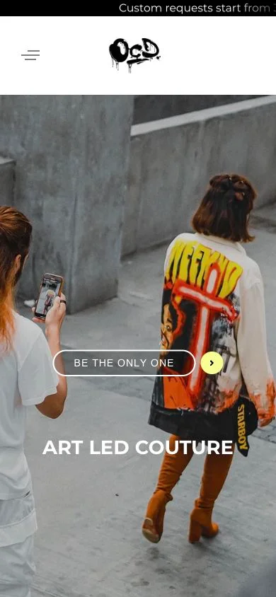 OCD’s live mobile homepage with its logo, navigation menu, and customwear campaign