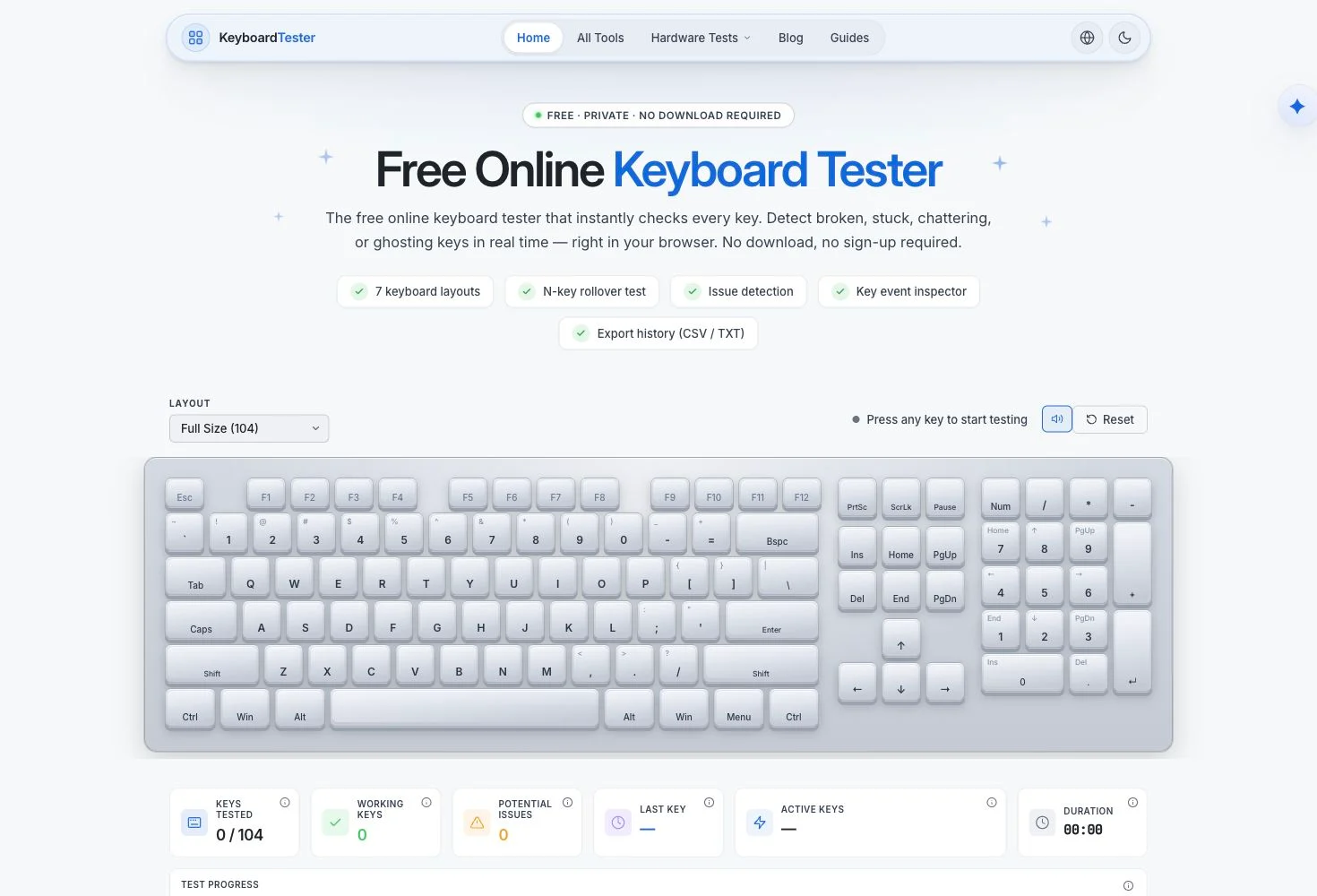 Online Keyboard Tester’s real desktop homepage and tool interface