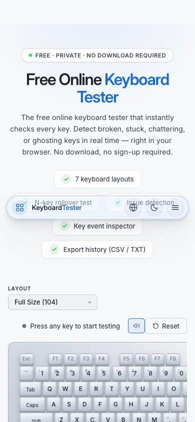 Online Keyboard Tester’s real mobile homepage