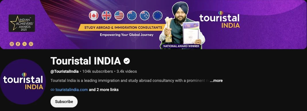 Touristal India’s public YouTube channel header showing 104K subscribers on October 22, 2026