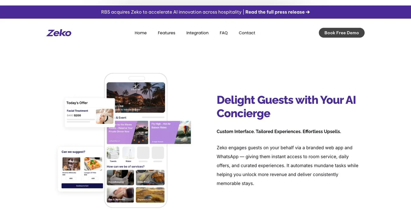 Zeko’s live website, presenting its guest experience product