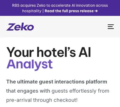 A mobile detail of Zeko’s public homepage showing the brand, acquisition announcement, and product introduction