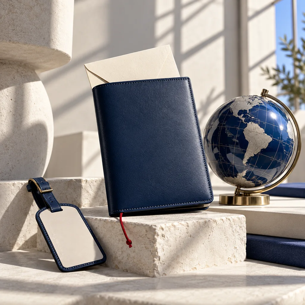 Admitus portfolio imagery showing a passport wallet, travel documents, and a globe