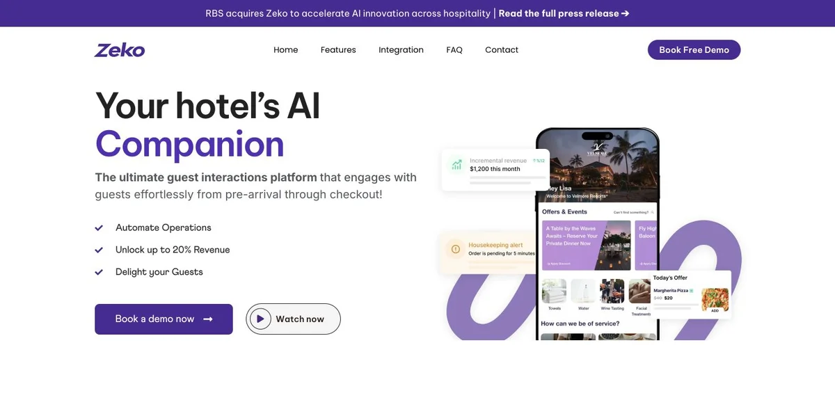 Zeko’s hospitality software website, presenting its AI guest engagement platform and product demo