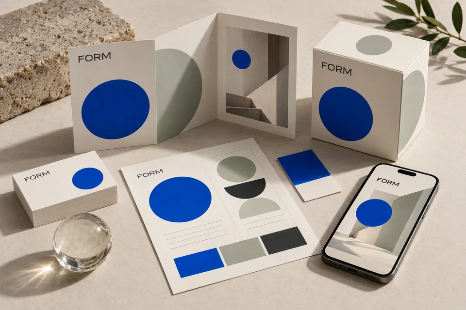 Concept identity for FORM, with a repeated blue circle across a brochure, packaging, business cards, colour samples and a mobile website