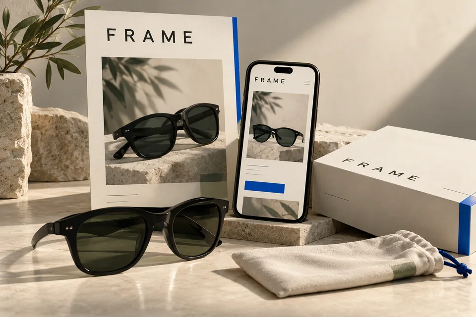 Concept eyewear campaign with the same FRAME sunglasses on an editorial creative, a mobile product page and the physical product packaging