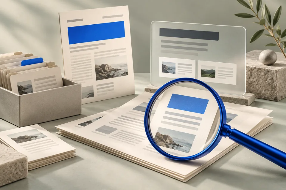 Concept search discovery illustration with organised content cards, source pages, a blue magnifying lens and a concise answer panel
