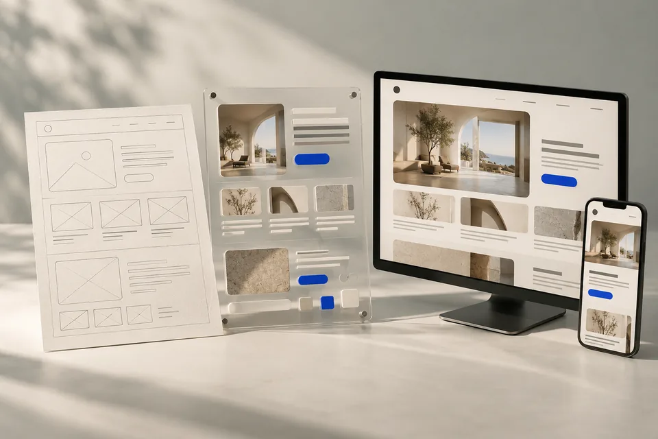 Concept website build shown as a paper wireframe, a panel of interface components, and matching finished desktop and mobile screens